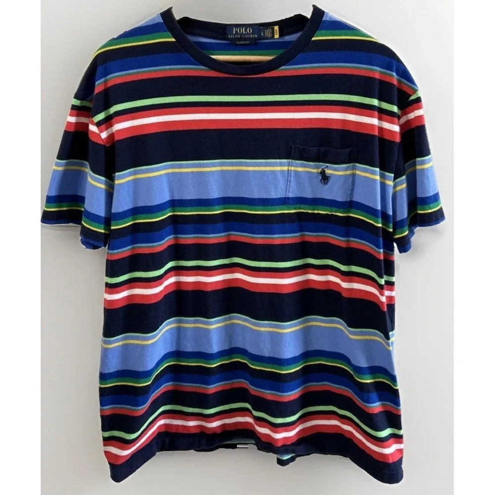 Mens Polo Ralph Lauren Stripe Classic Fit Pocket T Shirt Casual Shirt Large